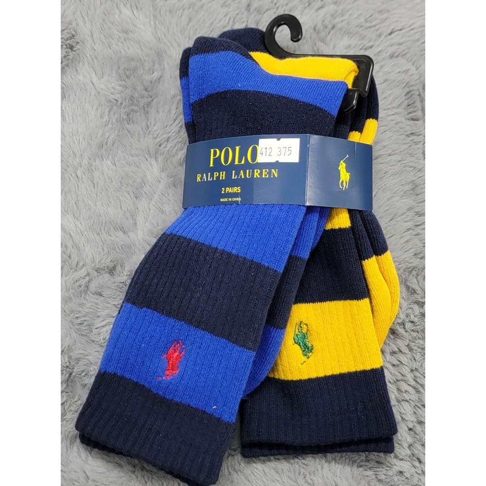 Polo Ralph Lauren Socks Mens 10-13 Blue Yellow Rugby Stripe Crew 2 Pairs